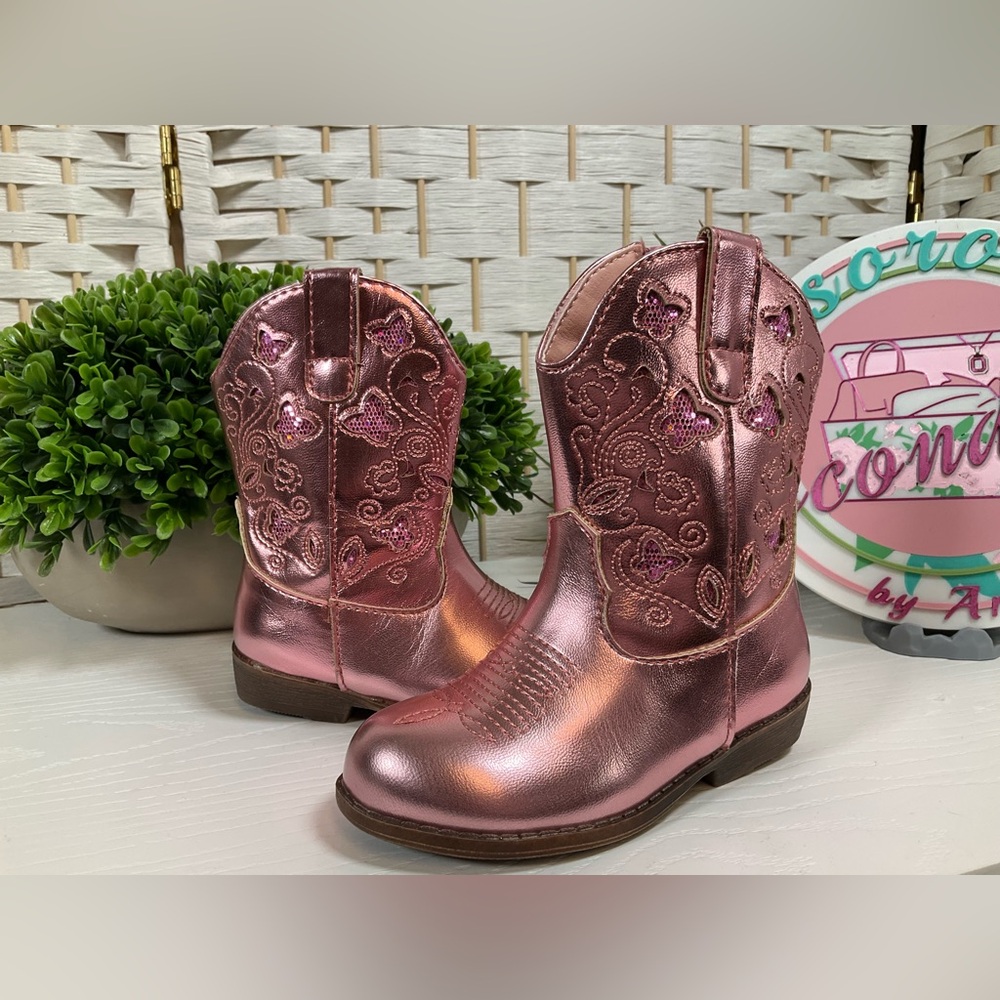EUC JellyPop Lil Justice Metallic Pink w/Butterflies Boots- 5 Med
